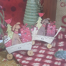 Load image into Gallery viewer, Dog in Trolley Christmas Wood Button, turned into a Brooch.