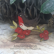 Load image into Gallery viewer, Red Robin in Blossom - Hand painted wood button turned into a Decorative Brooch.