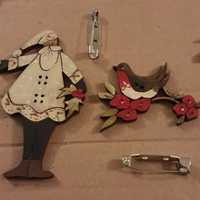 Load image into Gallery viewer, Red Robin in Blossom - Hand painted wood button turned into a Decorative Brooch.