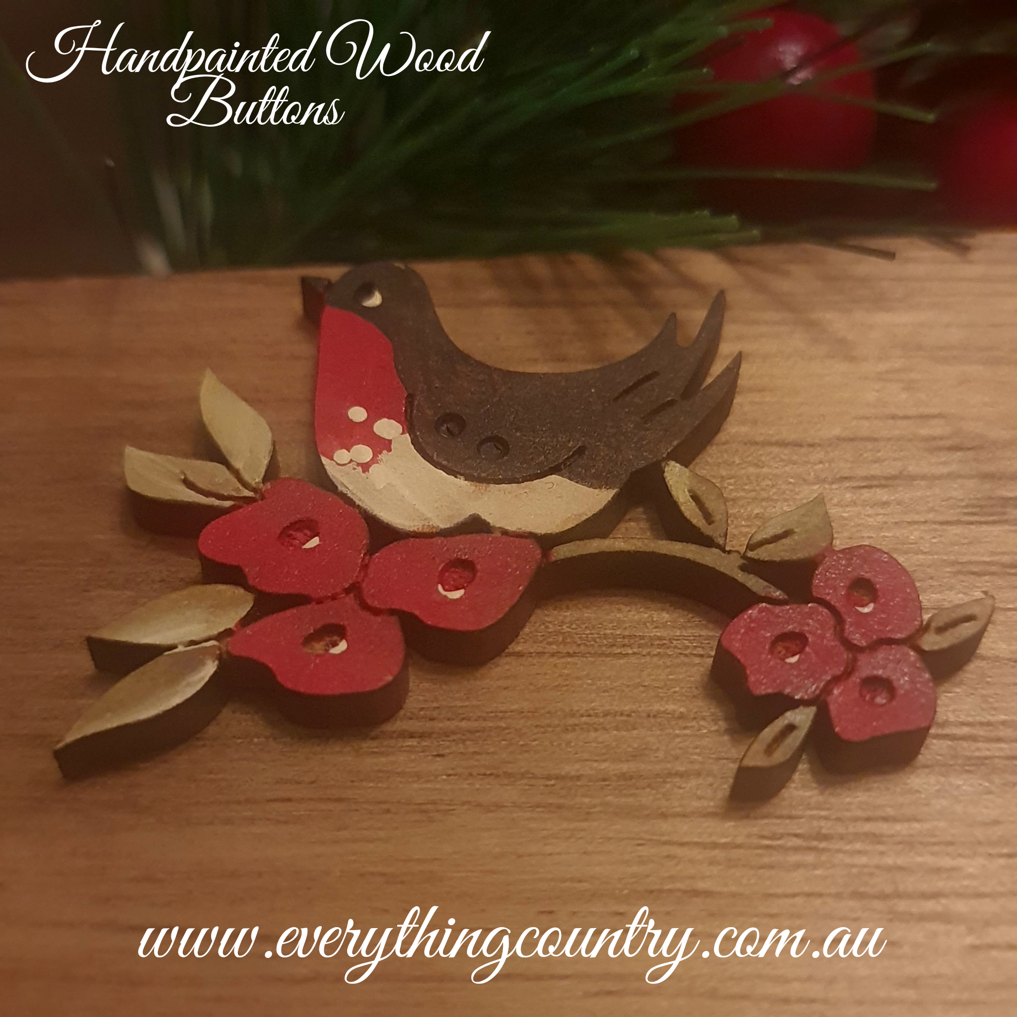 Red Robin in Blossom - Hand painted wood button Theodora Cleave Design ...