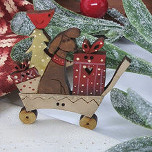 Load image into Gallery viewer, Dog in Trolley Christmas Wood Button, turned into a Brooch.
