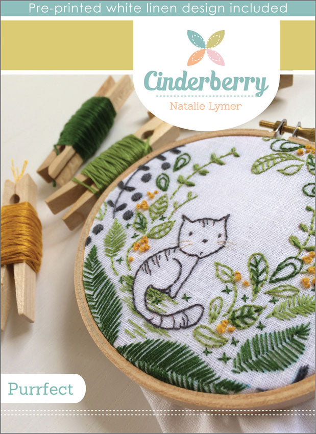 Purrfect Pussy Cat embroidery pattern and Pre-Printed Linen by Cinderberry Stitches