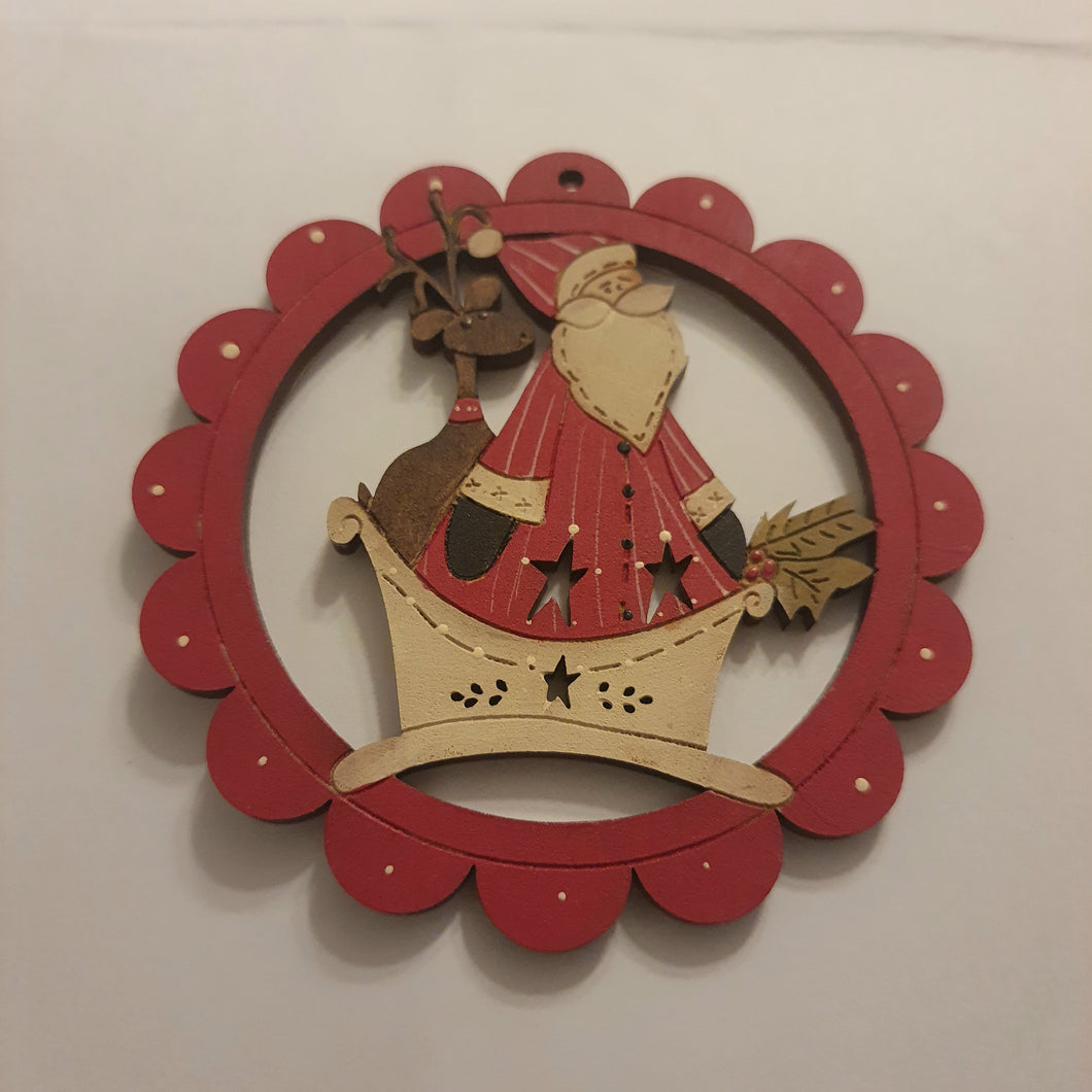 Scalloped Santa in Sled with Reindeer & Holly Wood Christmas Decoration